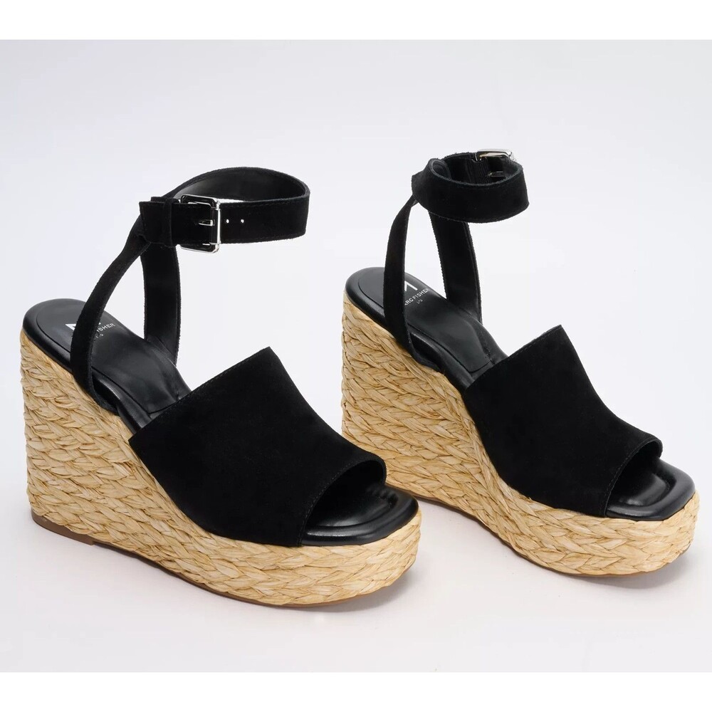 Marc Fisher LTD Nelly Suede Espadrille Wedge Sandals Ankle Strap Black Size 10
